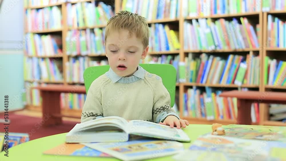 A little boy in the library is leafing through a children's picture book with interest. A small child is drawn to knowledge. Selective focus A little boy in the library is leafing through a children's picture book with interest. A small child is drawn to knowledge. Selective focus