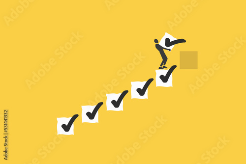 businessman step stairs on checklist to target. Progression from start to success, opportunity, improvement, competition, finish project and goal.