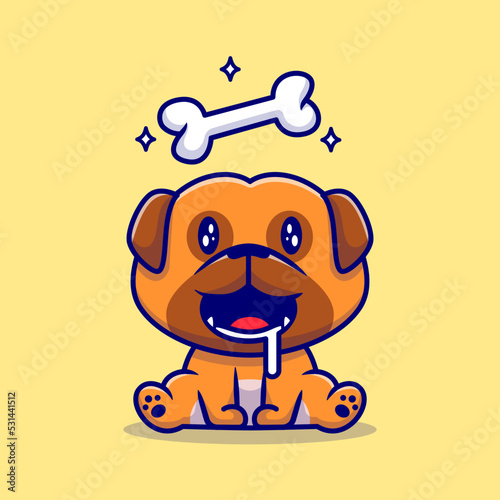 Cute Pug Dog Hungry With Bone Cartoon Vector Icon Illustration. Animal Nature Icon Concept Isolated Premium Vector. Flat Cartoon Style