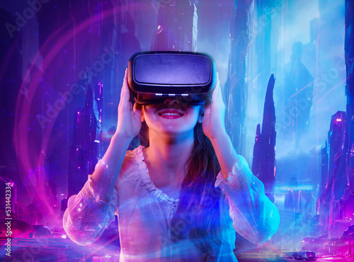 A girl in virtual reality glasses. Concept of technologies of the future. Metaverse travel.