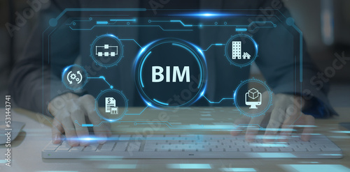 BIM Building Information Modeling.  Industry construction, from start to finish. Working and planning for creating construction model, information and model simulated program. Operational efficiency.