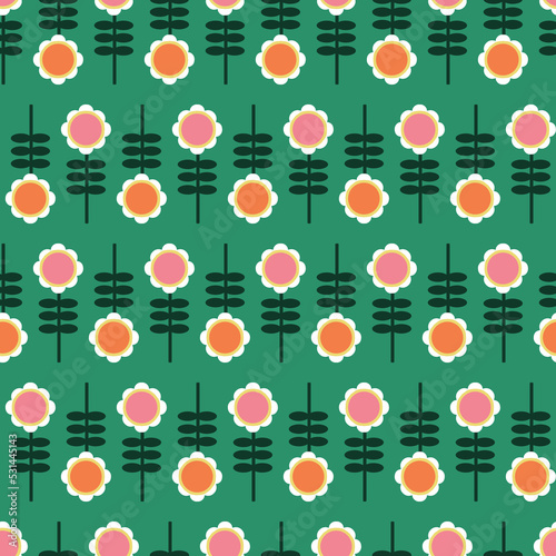 Happy Geometric Retro Flowers - GREEN pink white