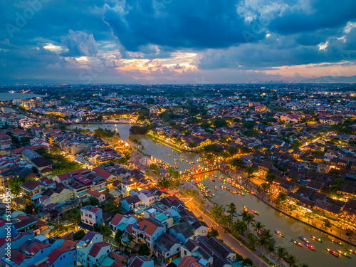 Aerial view of Hoi An ancient town at sunset.