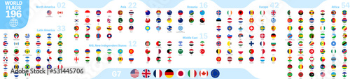 世界の国旗アイコン（地域別）、196ヶ国セット photo