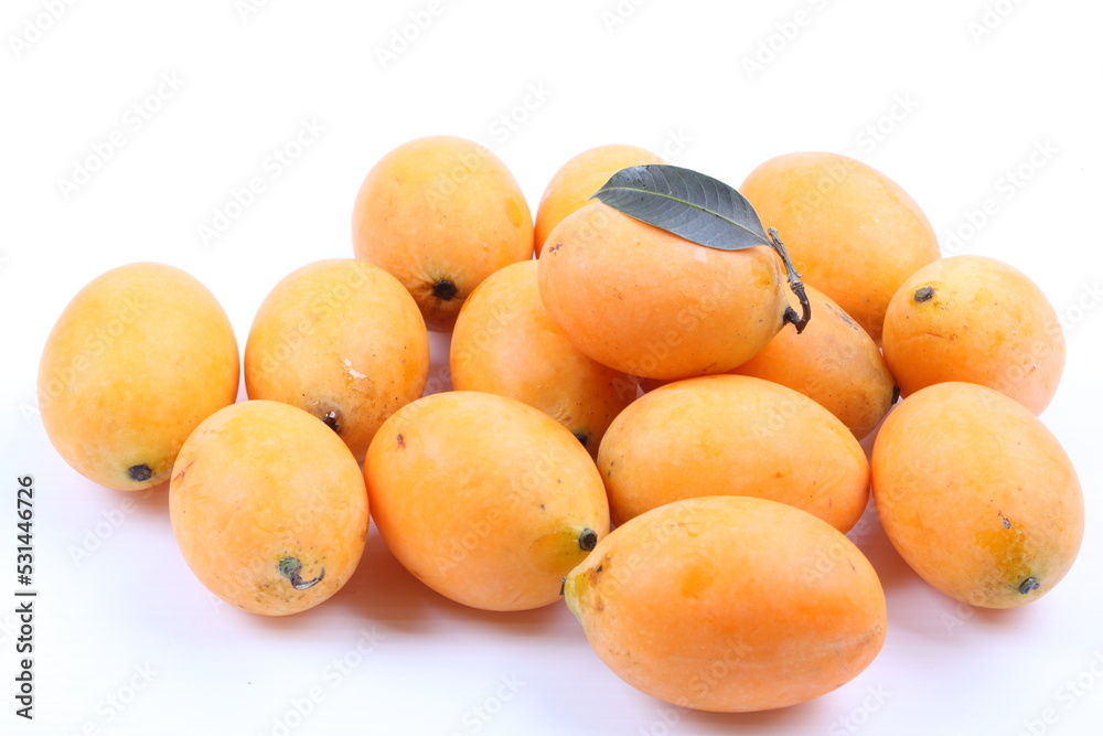 Closeup sweet Marian plum thai fruit isolated on white background (Mayongchid Maprang Marian Plum and Plum Mango,Thailand) Closeup sweet Marian plum thai fruit isolated on white background (Mayongchid Maprang Marian Plum and Plum Mango,Thailand)