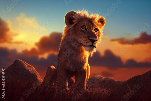 Baby lion for kids illustration in savane sunset orange and colorful atmosphere