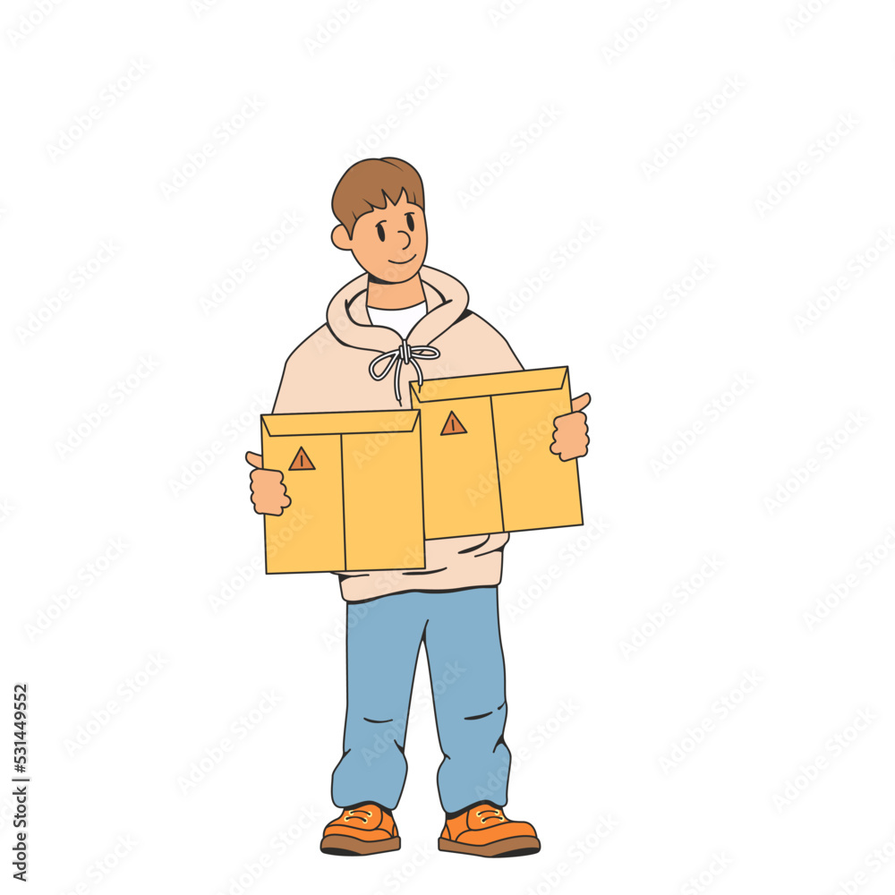 Young man,deliverer.Holds an envelope,package in his hand.Smiling and showing thumbs up.The concept of fast delivery of parcels to the house.Modern stock vector illustration of delivery of the order.