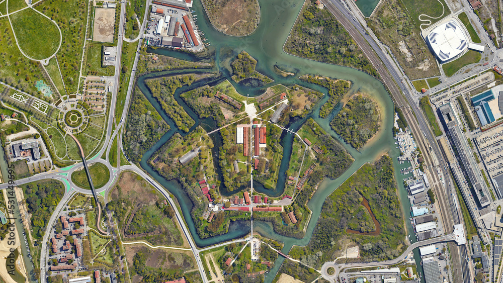 Forte Marghera, star shaped castle and water canal looking down aerial view from above – Bird’s eye view Marghera Castle star shaped fortress, Venice, Italy
