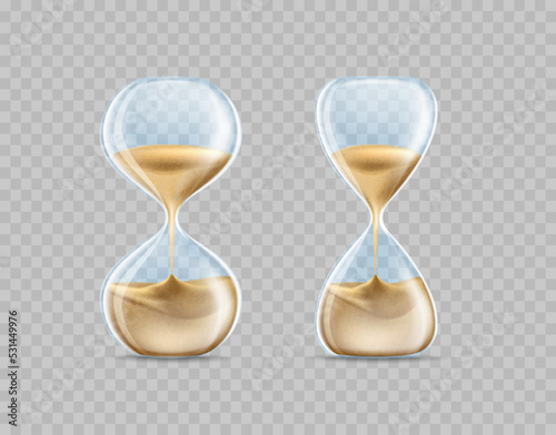 Realistic sand watch. Hourglass shapes. clock. Transparent glass and grains falling flow. 3D sandglass. Hour countdown on sandclock. Time measure instrument. Vector retro chronometers set