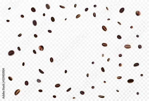 3d falling coffee beans, realistic cafe grain. Abstract seeds in cafeteria design, roasted espresso, agriculture collection. Circle frame for banner backdrop. Vector isolated background