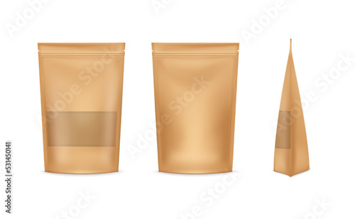 Brown paper bag. Kraft pouch. Isolated package mockup. Empty pack front or side view. Tea eco packaging. Doypack sachet for food snack. Merchandise containers. Vector background template