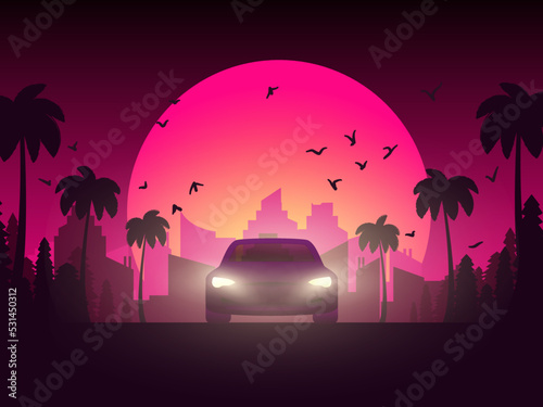 Poster with car. Sunset at the California. Palms, pine trees and City Landscape. Vector illustration in pink colors