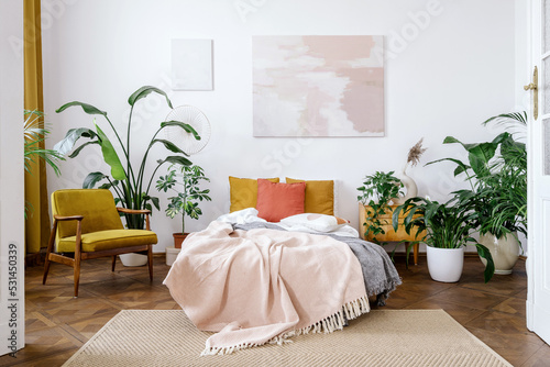 Light bedroom in apartment with retro interior design photo