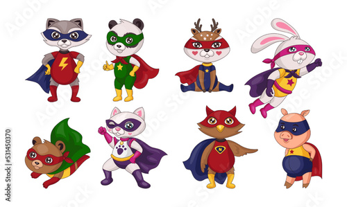 Cute animal hero. Heroic character. Baby superhero stickers set. Cat and raccoon in masks. Colorful costumes. Adorable rabbit. Kitty girl flying in cape. Vector cartoon illustration © Natalia