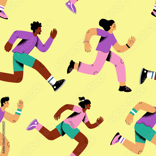 People run pattern. Doodle runners and pedestrian, small healthy characters, tiny man and woman in active poses on yellow background. Decor textile, wrapping paper. Vector seamless texture