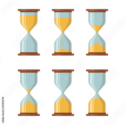 Sand hourglass. Animation clock. Countdown time in sandglass. Vintage stopwatch. Classic watch. Hour measure instrument. Isolated glass watches set. Ancient timepiece. Vector flat icons