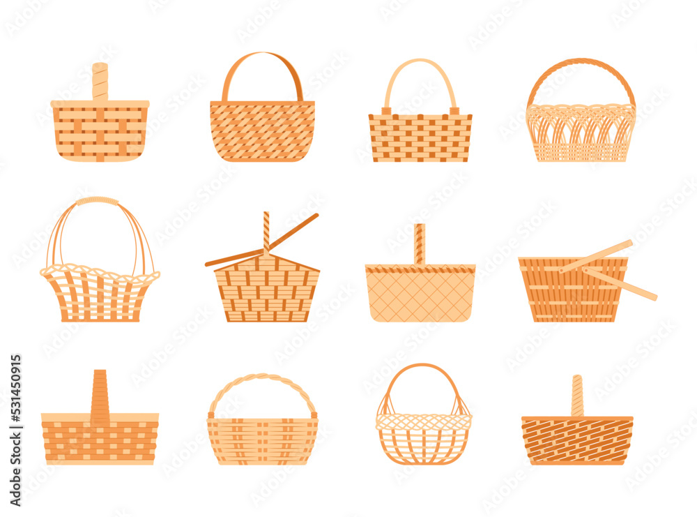 Wicker basket, easter straw hamper. Picnic pannier box with handles, empty container for food storage, natural shopper, wickerwork camping bags. Vector isolated objects with texture