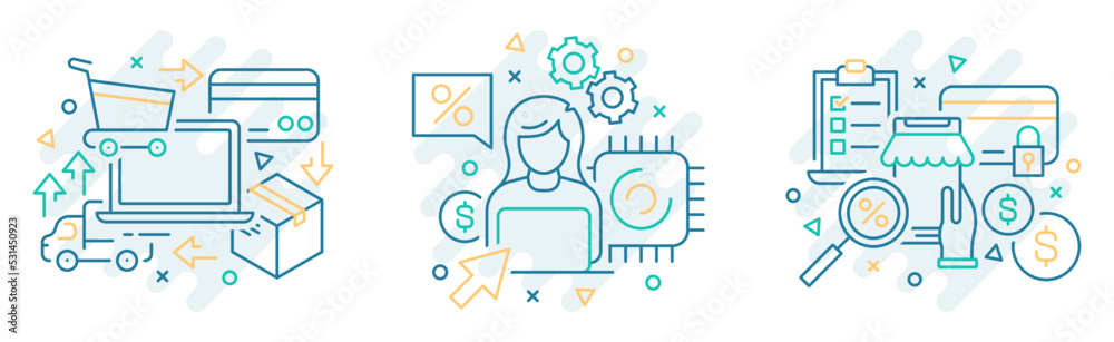 Set of 3 ecommerce online shopping icon illustrations with editable stroke line. Digital payment webshop Vector isolated concept