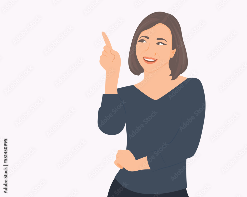 A young woman pointing her finger to the left to represent something A young woman pointing her finger to the left to represent something