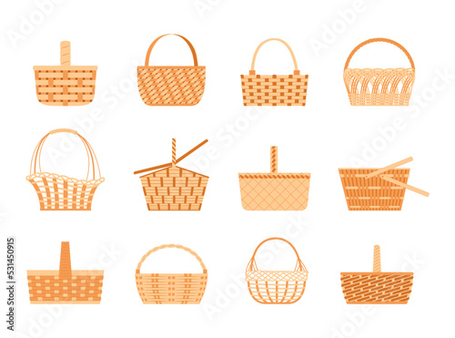 Wicker basket, easter straw hamper. Picnic pannier box with handles, empty container for food storage, natural shopper, wickerwork camping bags. Vector isolated objects with texture