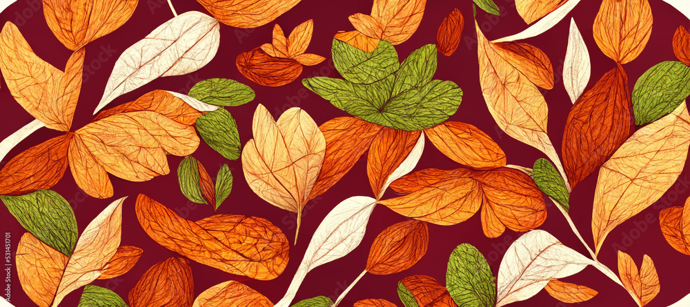 Autumn leaves pattern with exotic leaves on red background. 3D illustration Autumn leaves pattern with exotic leaves on red background. 3D illustration