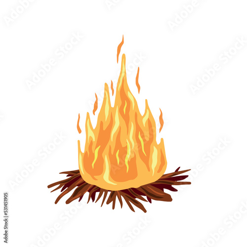 Bonefire or campfire. Orange fire and flame. Element of a hike. Heat and hot object. Cartoon flat illustration