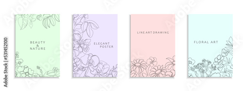 Set of hand drawn beautiful floral covers, templates, placards, brochures, banners and etc. Elegant contour backgrounds, postcards, posters, invitations. Color delicate cards with drawing flowers