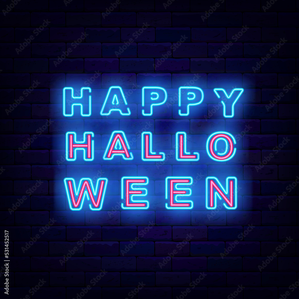 Happy Halloween banner on brick wall. Simple typography. Glowing scary holiday emblem. Vector illustration