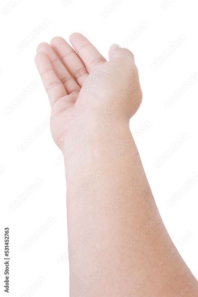 Male asian hand gestures isolated over the white background. Beg Action. First person view. Male asian hand gestures isolated over the white background. Beg Action. First person view.