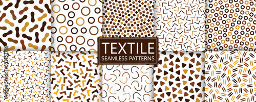 Fototapeta Naklejka Na Ścianę i Meble -  Set of vector seamless patterns with colorful mosaic shapes. Trendy abstract bright backgrounds. Simple unusual textile prints, stylish textures