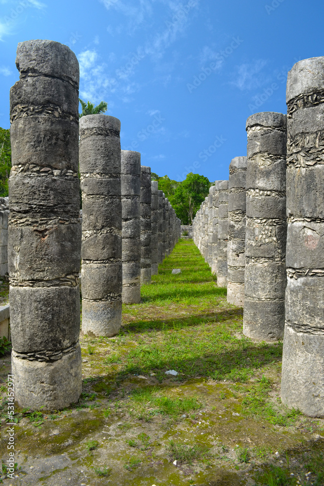 Colonnade of the Mayan pyramid of Chichen Itza in Mexico