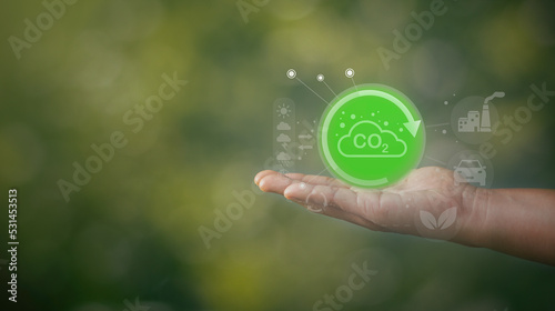 Developing sustainable CO2 concepts and low reduce CO2 emissions and carbon footprint to limit global warming and climate change. sustainable environmental management, Greenhouse from renewable energy