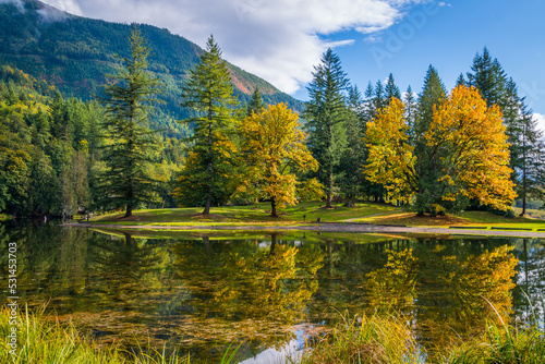 Autumn forest on the riverside, marvel at amazing views of the Silver Lake. Silver Lake Campground, Fall Time, North Cascades Region