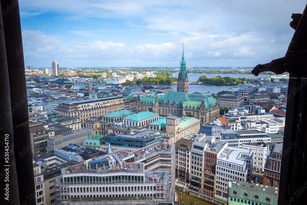 an aerial view of the hanseatic city of hamburg in nice weather
