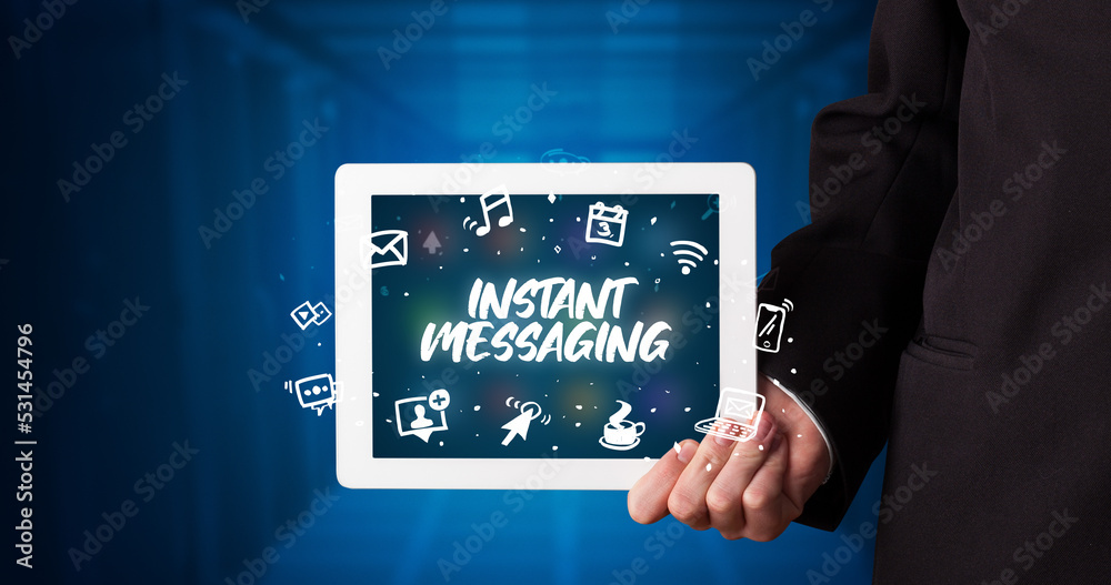 Person holding tablet, social network concept Person holding tablet, social network concept
