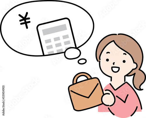 買取に出したらいくらになるか考えている女性のイラスト
