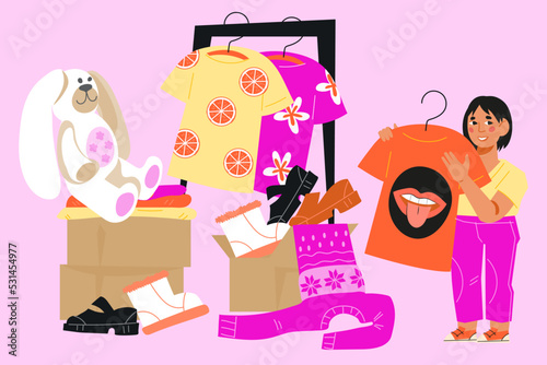 Child donating old clothing, footwear and toys. Child taking part in donation and charity event, flat vector illustration isolated on background.