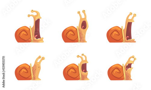 Emotions of funny snail set. Brown helix screaming, yawning and laughing cartoon vector illustration