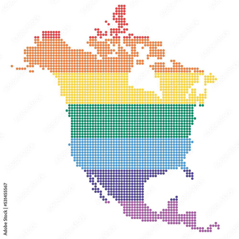 North America in rainbow colored dots - lgbtq community