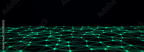 Network connection technology. Abstract green background with points and lines. Digital futuristic backdrop. Big data visualization. 3D rendering.
