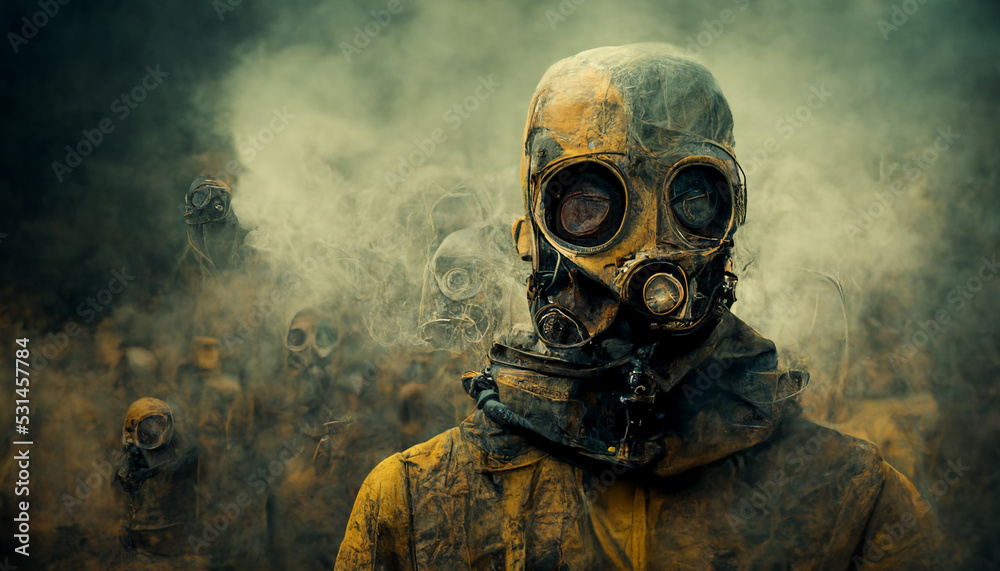 Post apocalyptic survivor in gas mask. Environmental disaster, armageddon concept.Digital art. - obrazy, fototapety, plakaty 