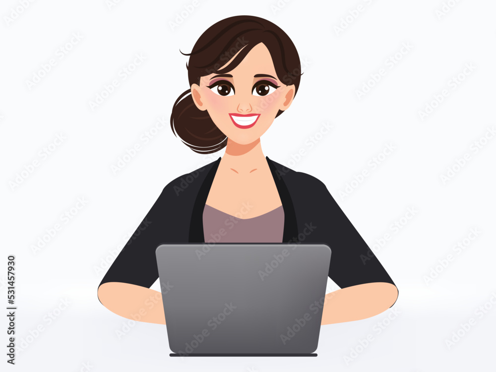 Business woman using a laptop computer to communication character. Isolated vector illustration.