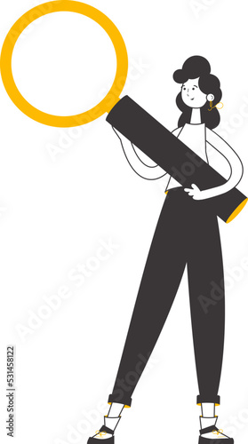 The girl is holding a magnifying glass in her hands. Linear trendy style. Isolated. Vector illustration.
