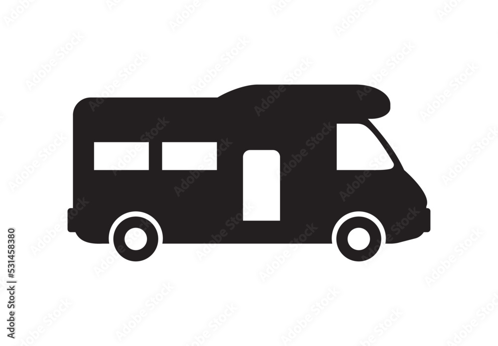 Camper van vector icon, black design on white background
