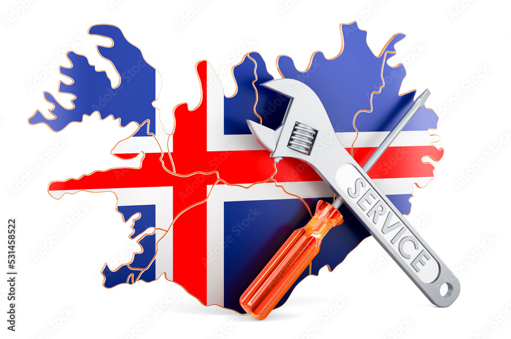 Fototapeta premium Icelandic map with screwdriver and wrench, 3D rendering