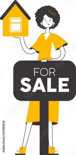Woman real estate sales specialist. Lineart trendy style. Isolated. Vector illustration.