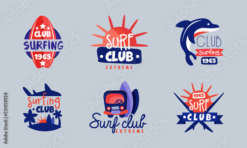 Surf club logo templates set. Extreme surfing, summer vacation, holiday adventures retro badges