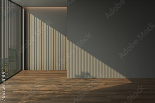 3D rendering of dark home interior without furniture. Minimalist design with large window  gray walls  parquet. Empty room  mock up  office  copy space  studio. 3D Rendering