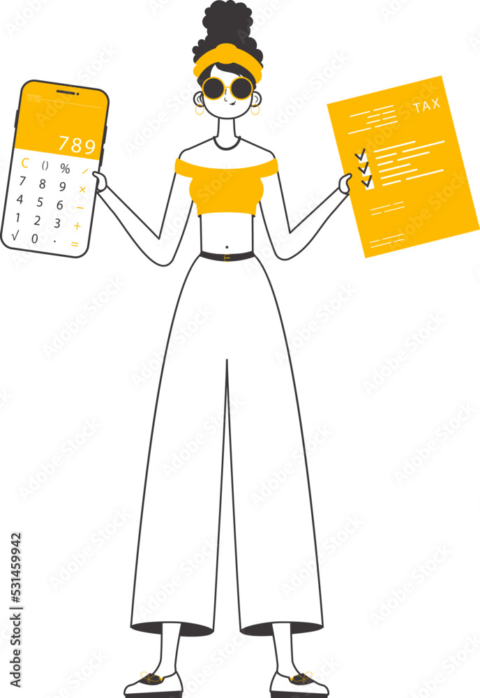 The girl is holding a calculator. Lineart trendy style. Isolated. Vector illustration.
