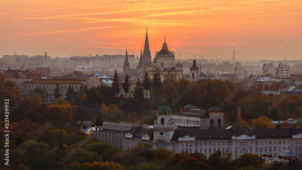 Panorama of the old city of Lviv at sunset in autumn.